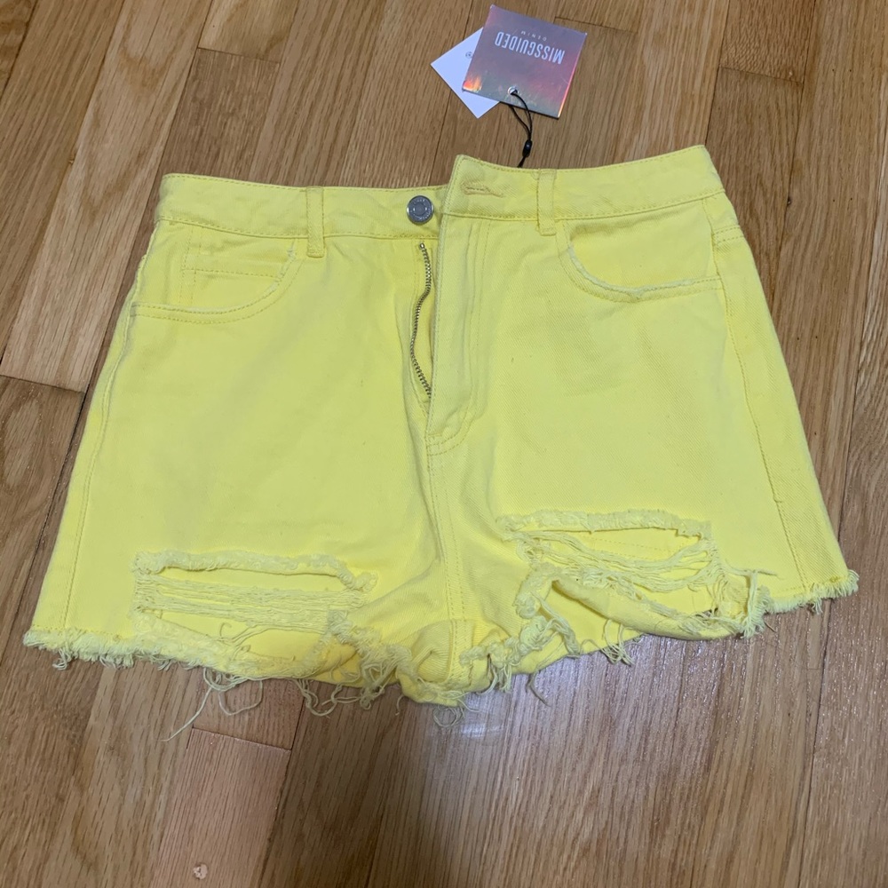 Missguided Yellow Distressed Smiley Face Shorts